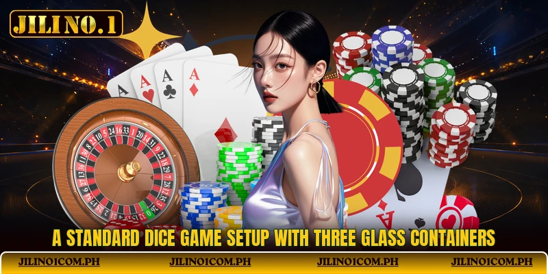 A standard dice game setup with three glass containers A standard dice game setup with three glass containers